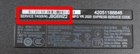 Locating the dell laptop label to find the serial or model number for battery identification