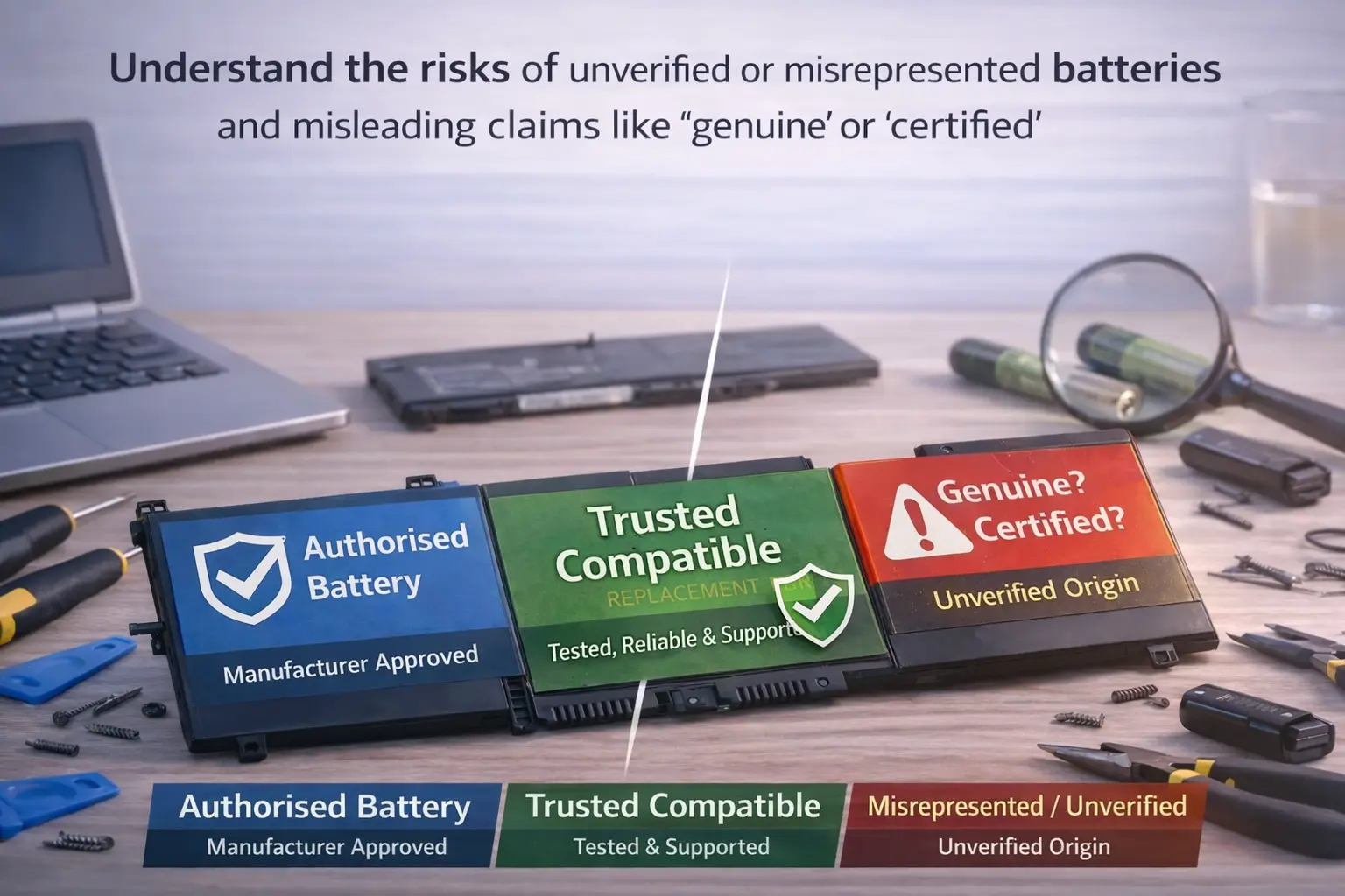 Authorised vs compatible vs unverified laptop battery comparison