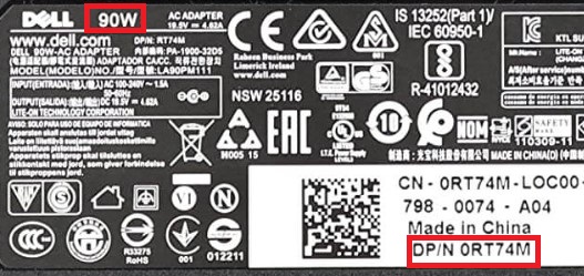 Label of Dell charger with part nuber, watt