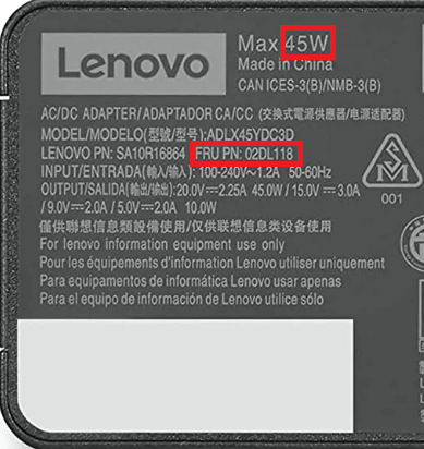 Label of Lenovo charger with part nuber, watt