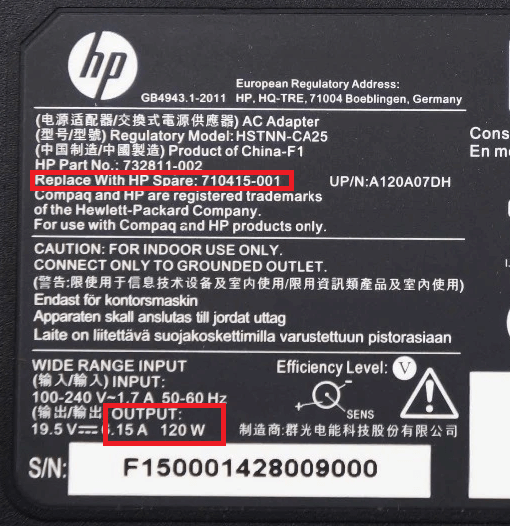 label of HP charger with part nuber, watt