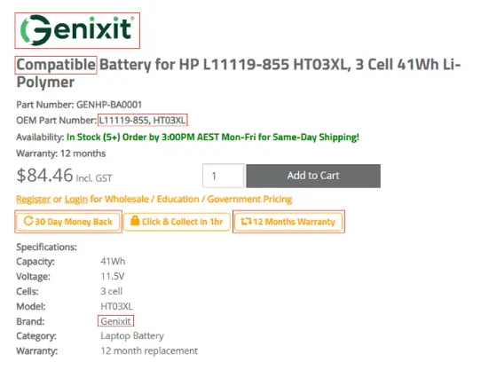 Trusted compatible laptop battery listing including reputable supplier, clear manufacturer branding, and local warranty support