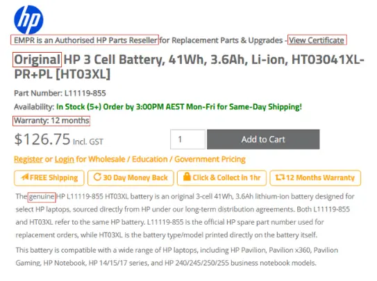 Genuine laptop battery listing showing authorised supplier proof and manufacturer-approved sourcing