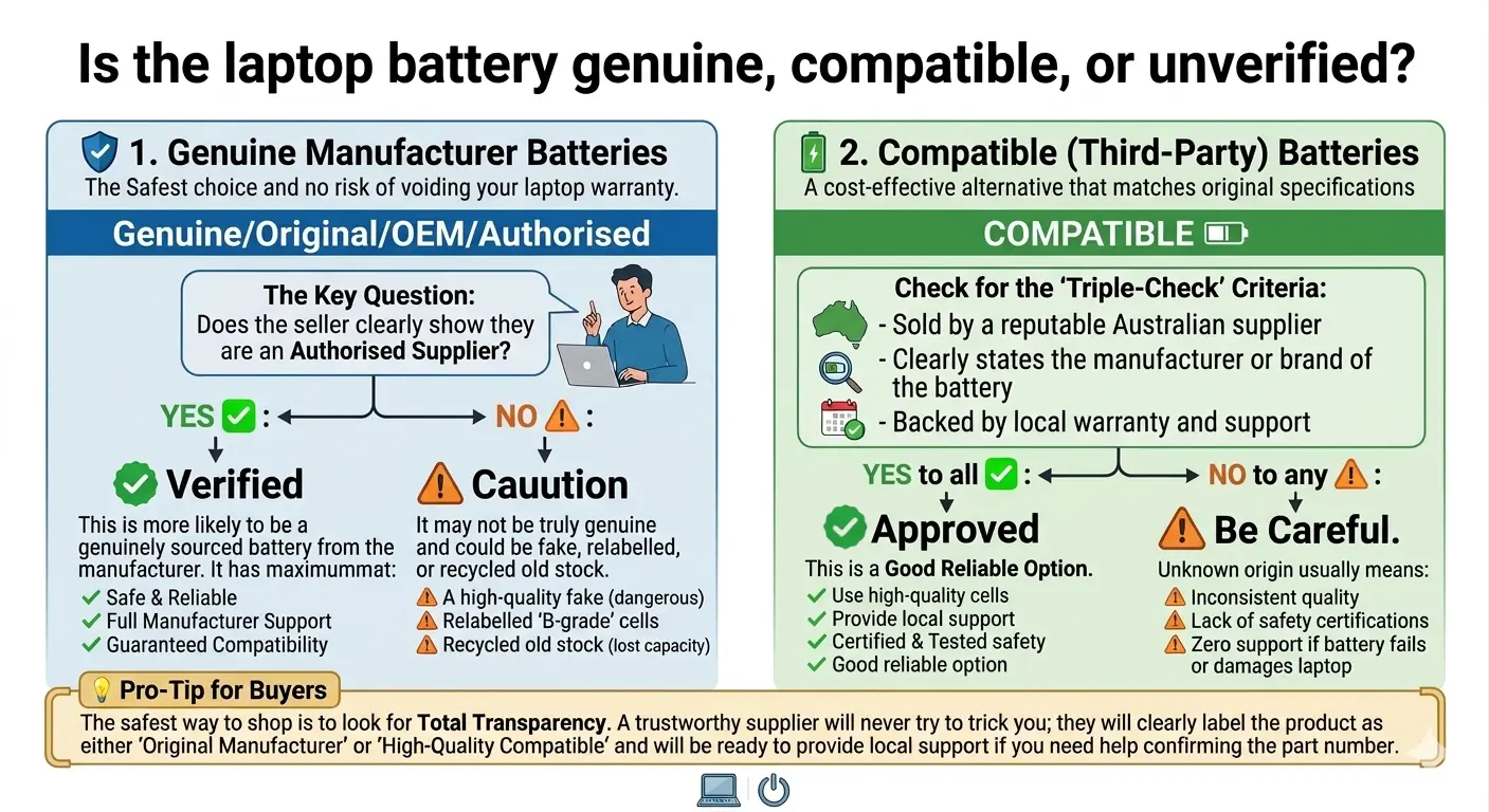 Infographic guide to genuine vs compatible vs unverified laptop batteries, including authorised supplier checks and trusted compatible battery criteria